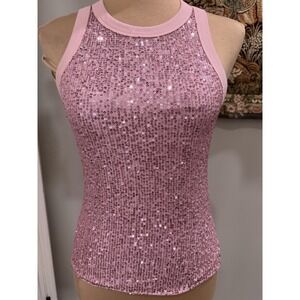 ChicMe Tank Top Womens Small Pink Sequin High Neck Sleeveless Knit Party Stretch